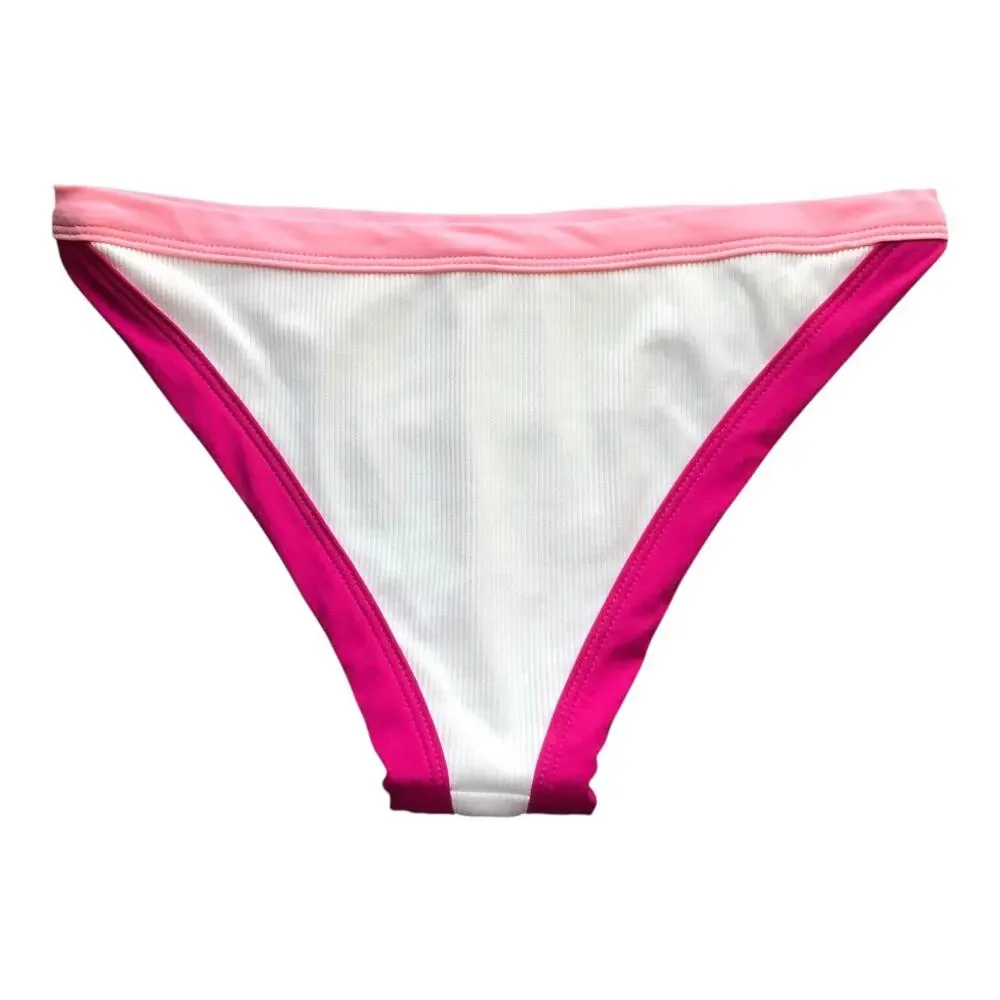 L Space Vacay White Pink Ribbed Bikini Bottom Stretch Women's Size Small NWOT